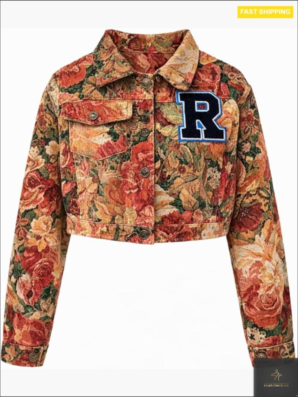 Cropped Jacquard Jacket Textured Floral Collared Button Up Lightweight with - Picture 1 of 7